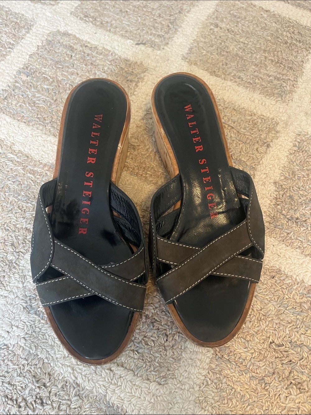 Walter Steiger Black and Brown Cross-Strap Leather Slides